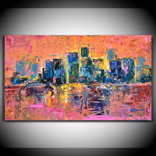Peinture abstraite de voilier et paysage urbain sur toile decoration murale 40x60cm sans cadre