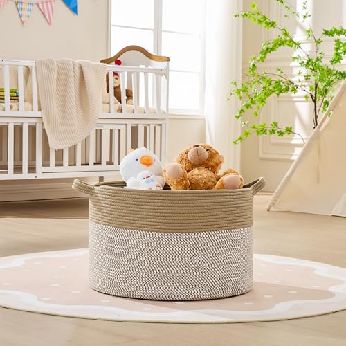 Image of KAKAMAY Cotton Rope Storage Basket (20 inchx13 inch),Woven Hamper for Blankets,Toys,Pillows,Clothes,Laundry,Sturdy Handles Decorative Basket for Living Room, Bedroom,Nursery(Brown /White)