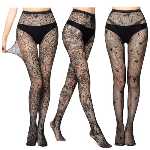 Atractivas medias altas a rayas y mallas con patrón de encaje negro pack de 3