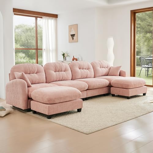 Image of KEIKI 140 inch U-Shaped Oversized Chenille Modular Sectional Sofa with 2 Ottoman, High-Density Foam Cushions, Tufted Pleated Cushion Backrest, Modern 4-Seater Couch with 2 Pillow, for Living Room, Pink