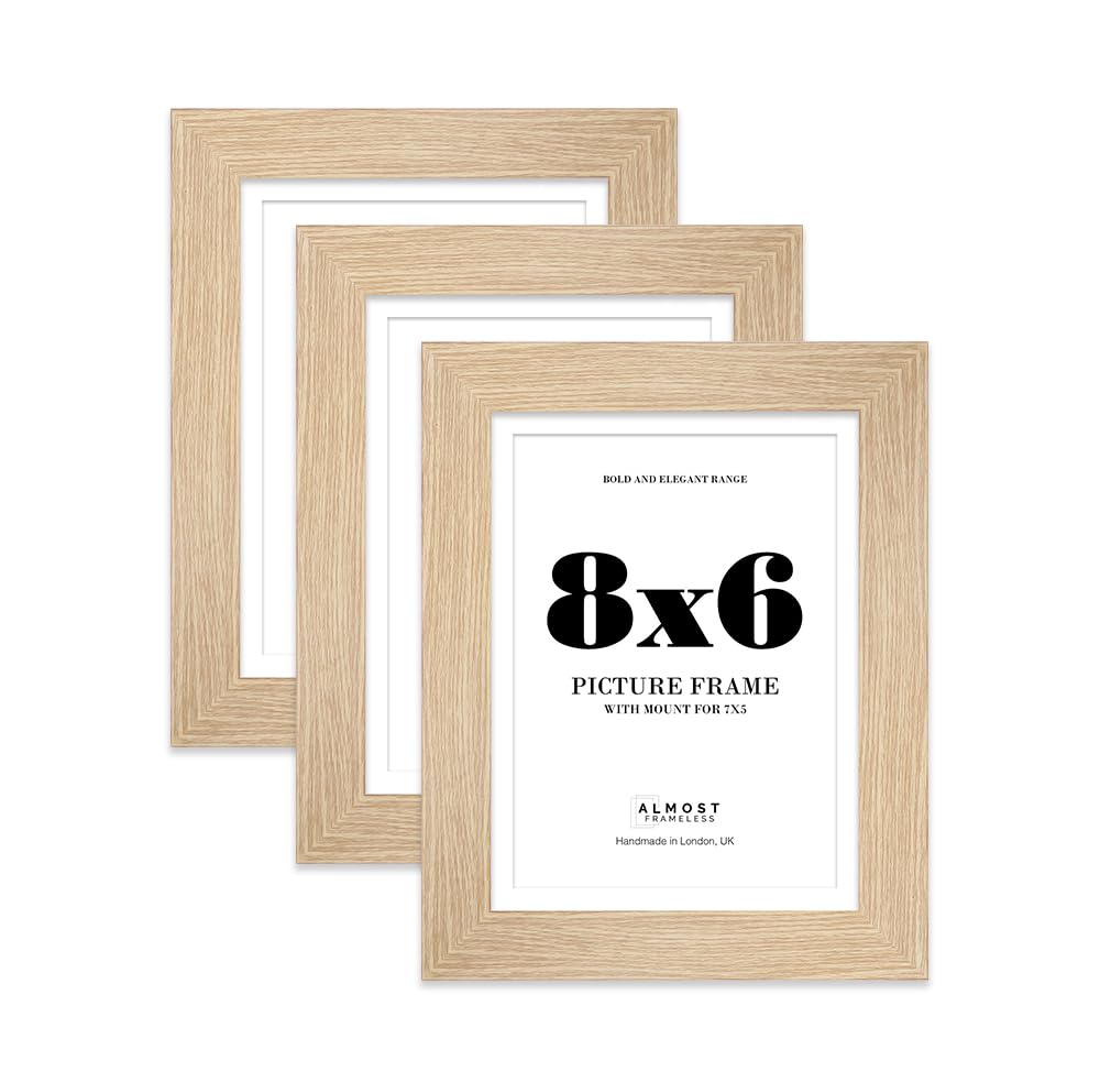 8x6" Oak Frame With Mount for 7x5" Pictures 28mm Edge Portrait and Landscape Display with Wall Hooks and Kickstand, 3 Pack