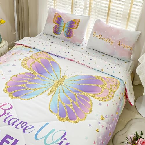 Image of Cokouchyi Twin Size Comforter Set for Girls, 5-Piece Bed in a Bag, 3D Colorful Butterfly Bedding Comforter Sheet Set, Ultra Soft and Fluffy, Pink & Rainbow Color
