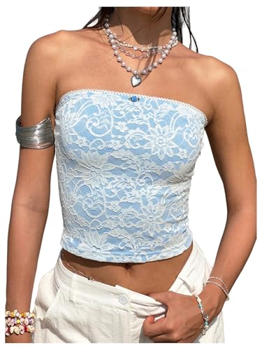 Floerns Women's Summer Floral Lace Strapless Tube Tops Bandeau Beach Vacation Clothes Blue Large