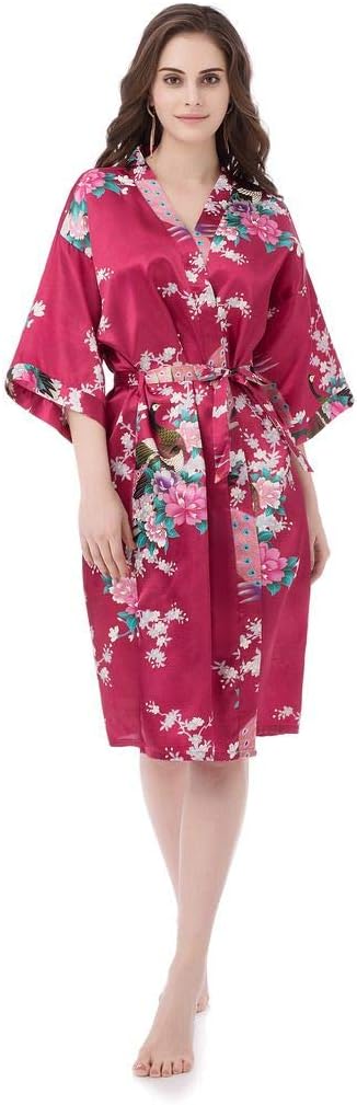Kimono Robes for Women Floral Peacock Short Silk Bridesmaid Robes Wedding Party
