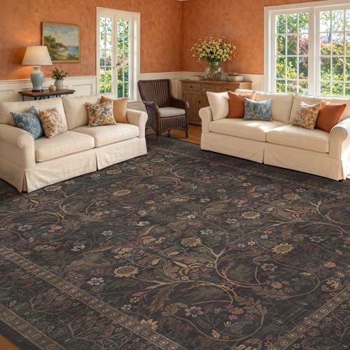 Washable 8x10 Dark Floral Farmhouse Rug