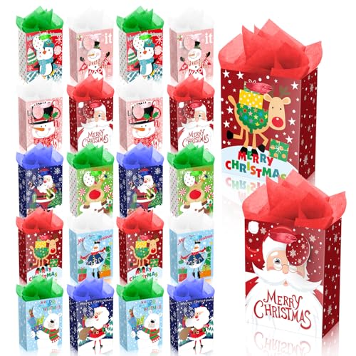 JWSCYSY 20Pack Small Chirstmas Gift Bags with Tissue Paper and Tag Mini Paper Bags with Handles Assorted Cute Christmas Design for Xmas Holiday Presents Wrapping.