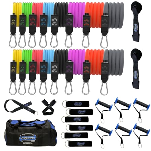 Bodylastics Resistance Band Set - Resistance Bands with Handles, Ankle Straps, Door Anchor, Carry Bag - Heavy-Duty Stretch Exercise Bands -Patented Clips and Snap Reduction Tech -Fitness Workout Bands