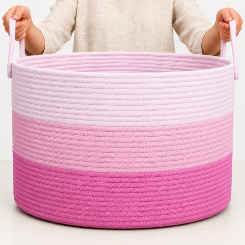 Image of OrganiHaus Round Toy Basket & Blanket Basket, Cotton Rope 20x13 inch | 3-Toned Pink - Round Cotton Rope Basket, 20x13 inch
