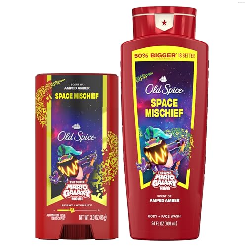 Image of Old Spice X Super Mario, Space Mischief with Armed Amber Scent, Aluminum Free Deodorant + Body & Face Wash Bundle for Men, Smell Super with 24 /7 Lasting Freshness & 24 /7 Shower Clean (Pack of 2)