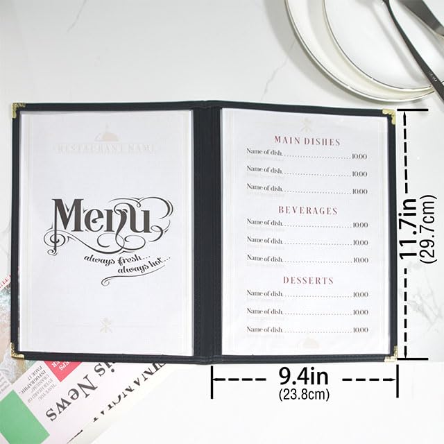25 pack goodsmart cafe style restaurant menu cover side-loading double stitched edge menu sleeve crystal clear vinyl menu holder with gold decorative corners black 2 pages  4 views - 853939 x 113939