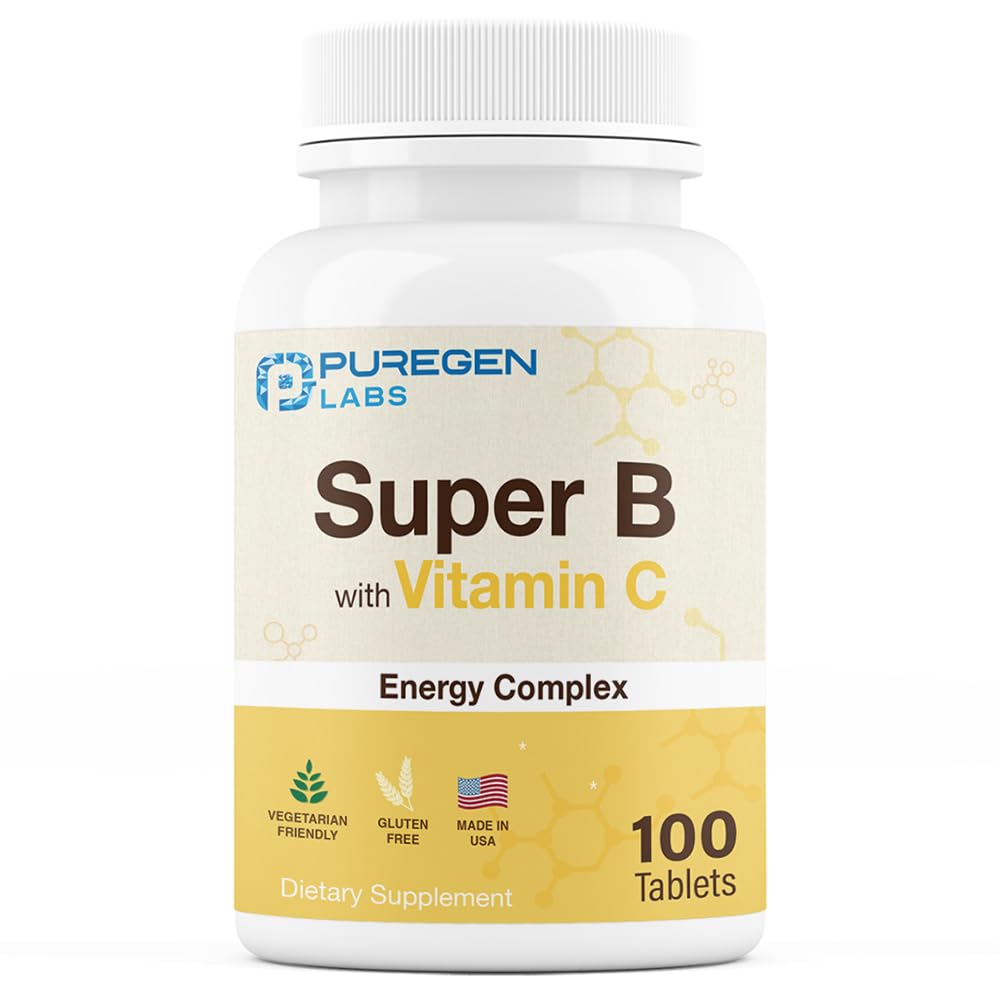 Puregen Labs Super B Energy Complex with Vitamin C - Immune Health, Energy & Nervous System Support - Non-GMO, Gluten-Free 100 Vegetarian Tablets
