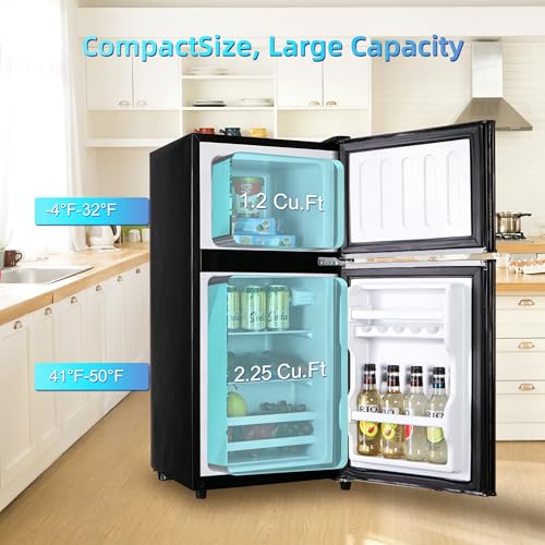 Image of Dorm Fridge with Freezer, Small Refrigerator 3.45 Cu. Ft. with Freezer for Apartment, 7-Level Temperature Adjustable Apartment Size Fridge for Kichen, College, Office, Black