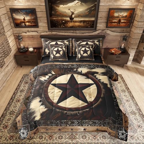 Erosebridal 7 Pcs Rustic Cow Comforter Set King Size,Western Texas Star Bed in a Bag with Flat Fitted Sheet for Cowboy Cowgirl,Cowhide Cow Print Bedding Set with Pillowcases and Cushion Cases