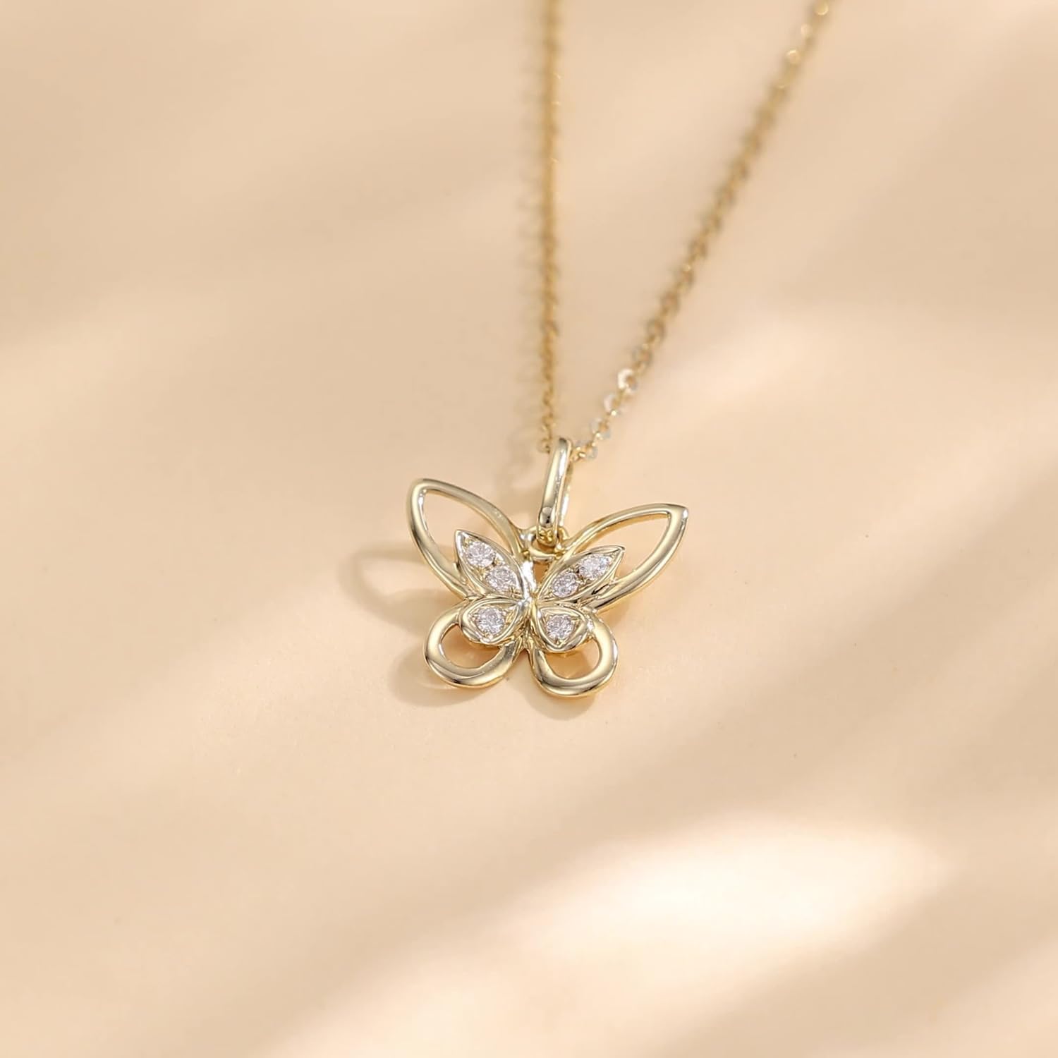 FANCIME Solide 14 Karat 585 Gelb Gold Damen Kette mit Schmetterlings Anhänger Halskette Valentinstag Geschenkschmuck für Damen Mädchen, Echter Diamant 0.07 ct, Verstellbar Kettenlänge: 40 + 5 cm