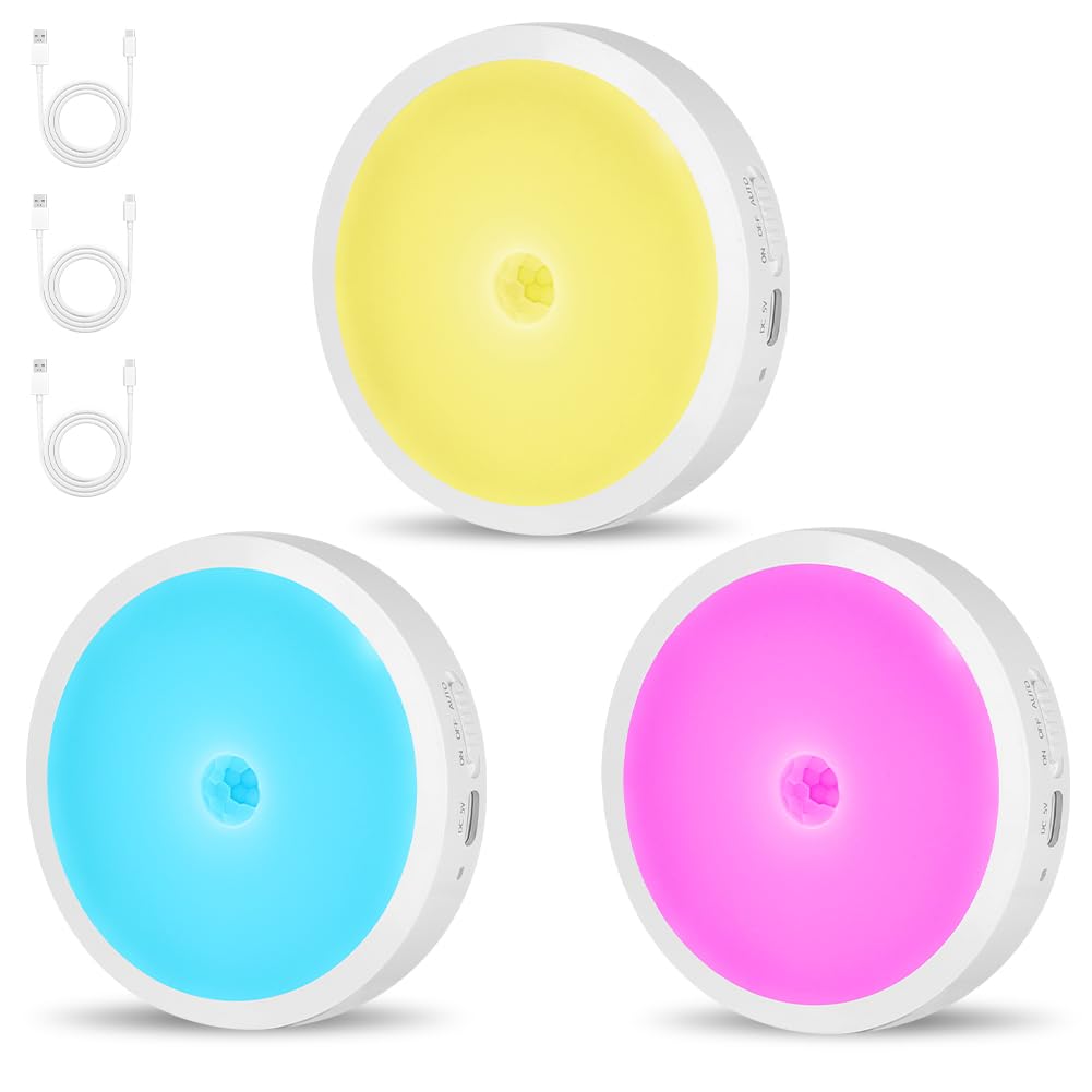 AUAUY 3 Pack Motion Sensor Lights Indoor, RGB Multi-Color LED Stick on Wall Lights with Magnetic Base, USB Rechargeable, 3 Modes Sensor Night Light for Hallway, Stairs, Wardrobe, Cabinet, Closet