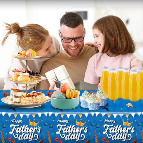 Image of 2PCS Fathers Day Tablecloth Disposable - 108 inch x 54 inch, Happy Fathers Day Table Cloth Best Dad Ever Necktie Gift Box Suit Tablecover Plastic Rectangle Table Cover for Dinner Party Decor