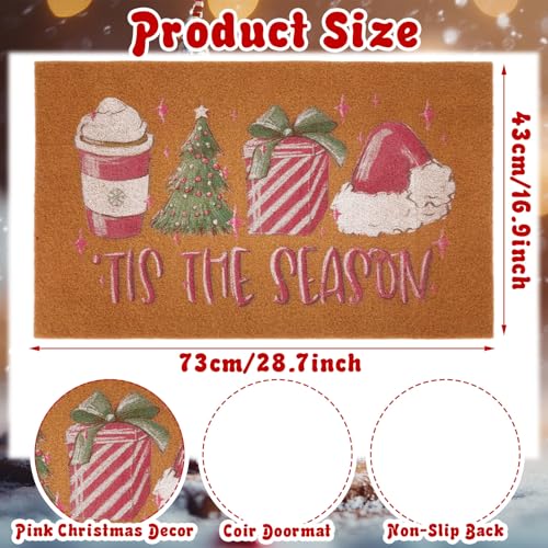 Tinideya ピンク クリスマス ウェルカム マット コイア ドアマット 29 x 17インチ ドアマット Xmas Decor 屋外ラグ 滑り止め裏地付き 屋外 屋内装飾 キッチン 玄関 寝室 玄関用 [1]