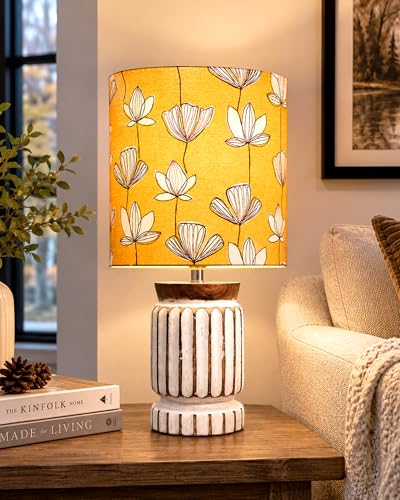 Image of Homesake Retro Farmhouse Table Lamp for Living Room Bedroom Rustic Linen Bedside Nightstand Lamps for Kids Room Study Office Wood, Carved Cylinder, (Hibiscus)