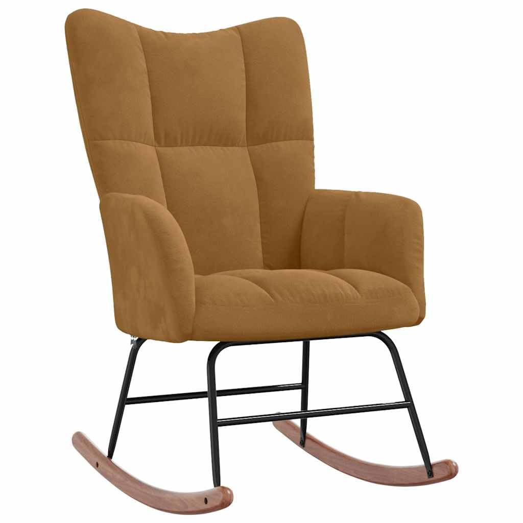 Schaukelstuhl Braun Samt, Moderner Relaxstuhl mit Polsterung und Holzkufen, Eleganter Wippstuhl mit Quadrat-Steppung, Bequemer Polstersessel für Wohnzimmer & Schlafzimmer