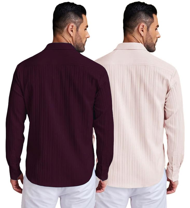 Image of DEELMO Combo of Men's Casual Button Down Shirts Long Sleeve Linen Shirt Fashion Textured Summer Shirts Pack of 2