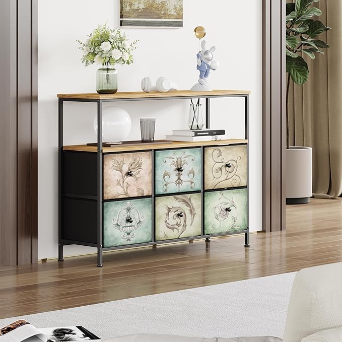 Image of HOME ELEMENTS Fabric Chest of Floral Printed Glossy 6 Drawers for Bedroom,Clothing Storage Organizer Unit Dresser Chest of Drawers for Living Room Closet Hallway,100x29.8x78cm,Assorted
