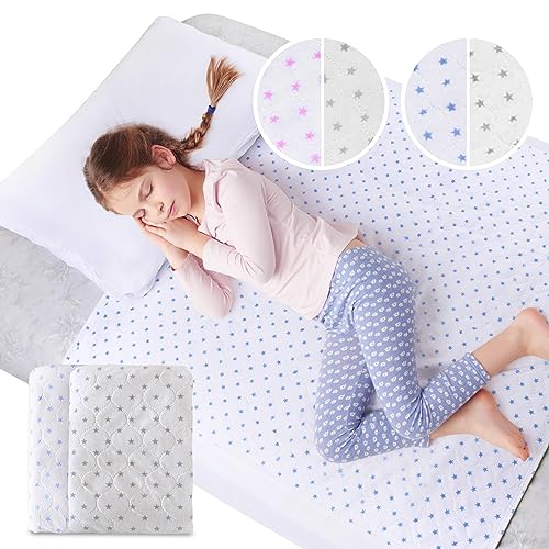 Kids Potty Training Bed Pads - 2 Pack - Reusable Waterproof Bed Wetting Protector Mat for Twin & Toddler Beds - Non Slip Easy Change Bed Wetting Sheets for Boys & Girls (Blue/Grey Stars)