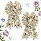 Hying 2 Pieces Fall Flowers Bows for Wreath, Natural Burlap Wreath Bow Floral Butterfly Farmhouse Craft Bows for Front Door Thanksgiving Day Decorations Supplies