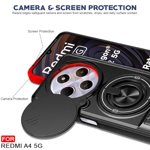 Image of Redmi A4 / 14C / C75 5G / M7 5G Back Cover | Armor Camera Slider 360 Degree Rotating Finger Ring Holder Case with Bracket Stand Back Case Cover (Compatible with MagSafe Accessories) (Black)
