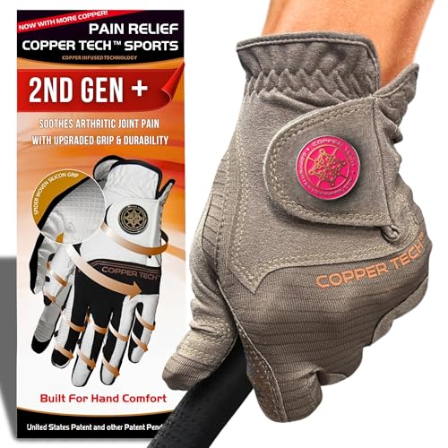 Copper Tech Plus Ladies Golf Gloves Women (2nd Gen) | Copper Compression Joint Support with Flexible & Comfortable Fit | Tacky Silicone Pad (Choco/Brown, Medium-Large, Left)