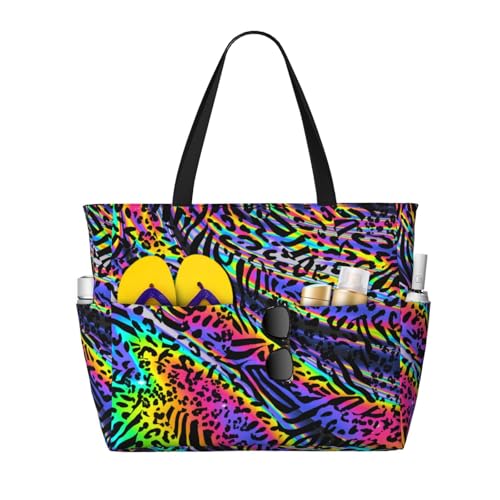 CHAOS MONKEY Women Large Beach Bag Rainbow Leopard Print Sandproof Waterproof Travel Weekender Foldable Tote Bag for Pool Vacation Gym