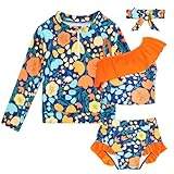 Funnycokid Baby Girl Swimsuit 18 Months Toddler Bathing Suit 2T Long Sleeve Tropical Rash Guard Ruffle Swimwear 3 Piece Orange