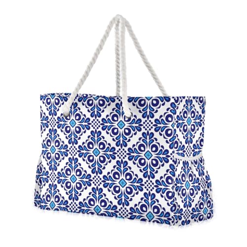susiyo Beach Bag Abstract Blue Flowers Beach Tote Bag Large Travel Tote Bag Waterproof Lightweight Shoulder Bag with Thick Cotton Rope for Gym Beach Travel Pool Yoga Baby Utility Bag