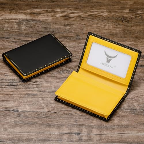 Image of HISCOW Full Grain Leather Business Card Holder Case | Minimalist EDC wallet, gusset holds 25 cards, ID window, fits folded bills, bifold profile, premium gifts for men & women