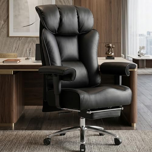 Image of Efomao Big and Tall Executive Office Chair 450lbs,Black | 5.9 inch Thick Pocket Spring Cushion, Reclining Breathable PU Leather Desk Chair with Foot Rest, Soft Comfortable Support