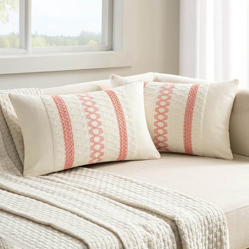 Image of MIULEE Set of 2 Coral Red Boho Decorative Lumbar Pillow Covers 12x20 Inch