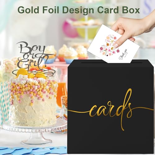 Image of Black Card Box with Gold Foil Design, Paperboard 8.7 inch Card Box for Birthday Wedding Party Graduation Retirement Anniversary Valentine's Day & Baby Showers Halloween, Raffle or Money Box