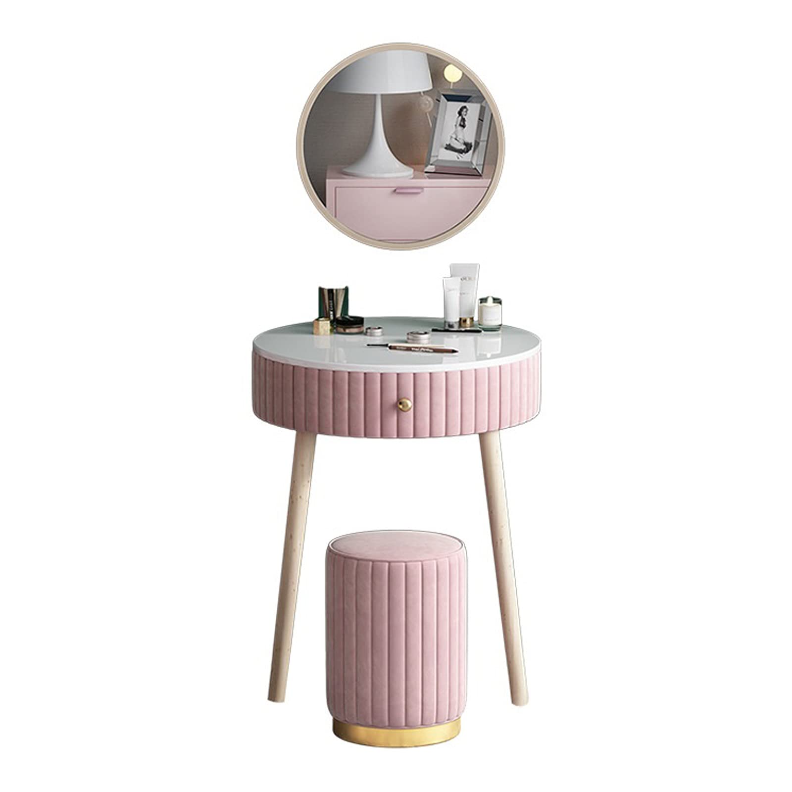 CGCSYZ Vanity Desk Small Makeup Vanity Set Dressing Table with Round Wall-mounted Mirror and Cushioned Stool Diameter 60cm, H 77cm Makeup Dressing Table (Pink)
