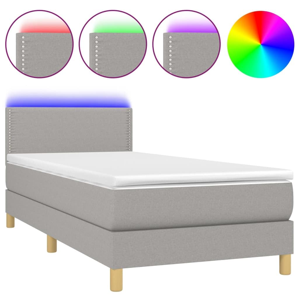 Cama con somier LED, 90 x 200 cm, tela gris claro, cabecero de altura ajustable, colchón de muelles ensacados para dormir, jóvenes, habitaciones de invitados