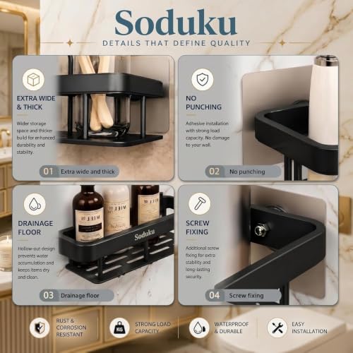 Image of Aluminium Pack of 2, Self Adhesive Bathroom Shelf for Shower Caddy Organizer Wall Mounted Bathroom Shelves Rack Holder Stand for Bathroom Accessories Organiser Without Drill