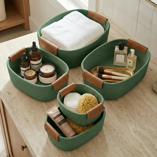 Beautiful Storage Basket Set of 5 - Sturdy Cotton Rope Baskets for Shelves Are Perfect for...