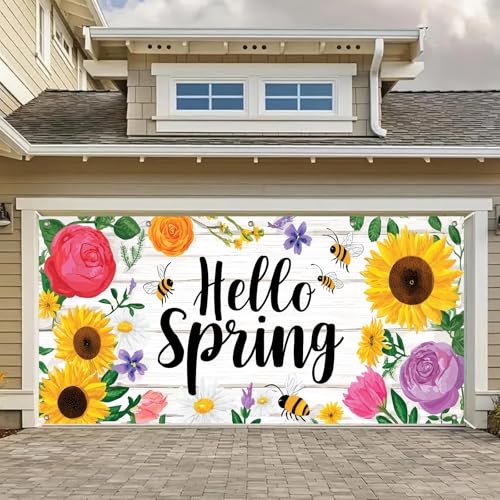 HOMETITUTE 13x6ft Hello Spring Garage Door Banner Colorful Floral Garage Door Cover Spring Decor Featuring Sunflowers Bees Roses and Vibrant Flowers Artistic Backdrop for Garages Decorations