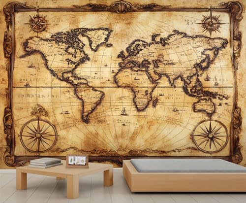 Image of YXQAIED World Map Wallpaper 260x175 cm, Vintage Map Photo Wallpaper, Nautical Compass Wallpapers for Bedroom Living Room, Non-Self-Adhesive Wall Art Murals