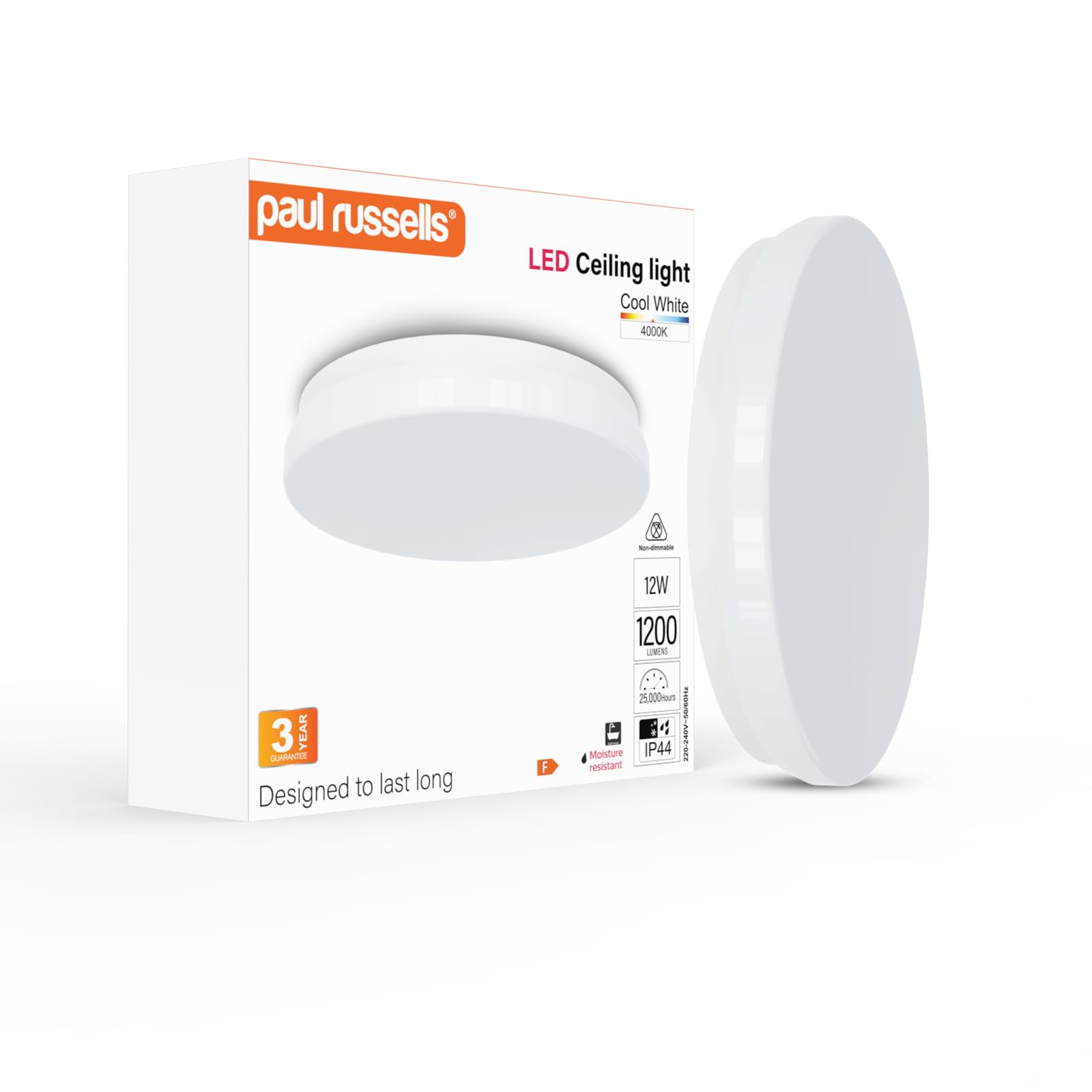 paul russells 12W LED Ceiling Light, 1200lm, Natural Cool White 4000K, 60Watt Equivalent, IP44 Water Resist, Ideal for Living Room, Kitchen, Office, Garage, Modern Round Light, Energy Saving, 1 Pack