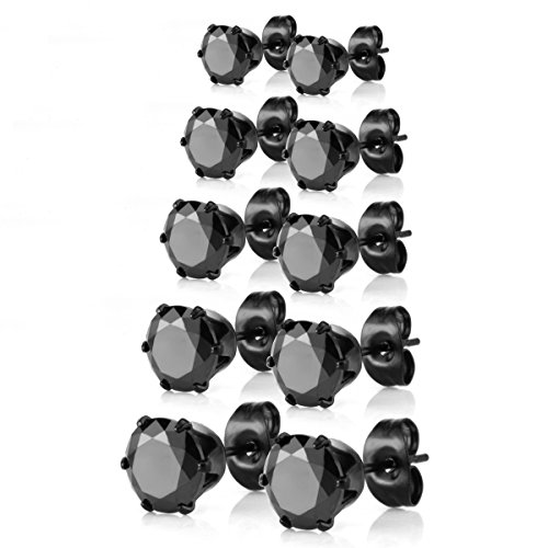 JewelrieShop Stud Earrings Hypoallergenic Surgical Steel Earrings for Women Cubic Zirconia Stud Earrings Pack for Sensitive Ears (5 Pairs, Black CZ, Black Post, 3-7mm, 6 Prong)