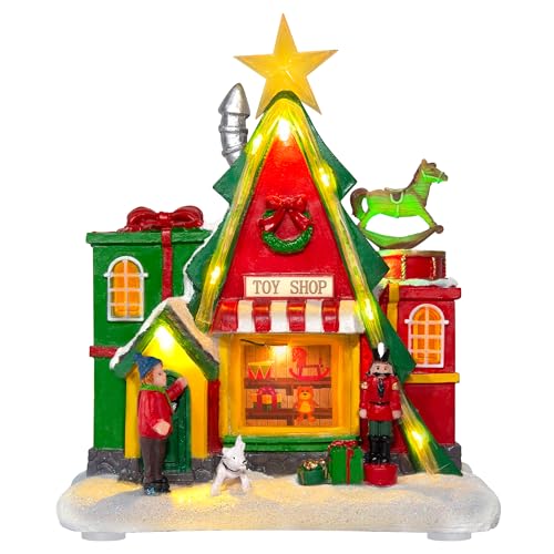 WeDoSoy LED Lighted Musical Village House - 7.1" Triangular Gift Shop Christmas Village House Decoration, Xmas Collectible Buildings for Holiday Decor for Home, Ballroom Disply and Desktop