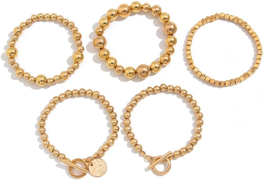5Pcs Gold Silver Beaded Bracelets Stackable Set for Women Trendy, Vintage Ball Beads Stack Disc Coin OT Buckle Statement Stretch Bracelet Party Jewelry - Image 7