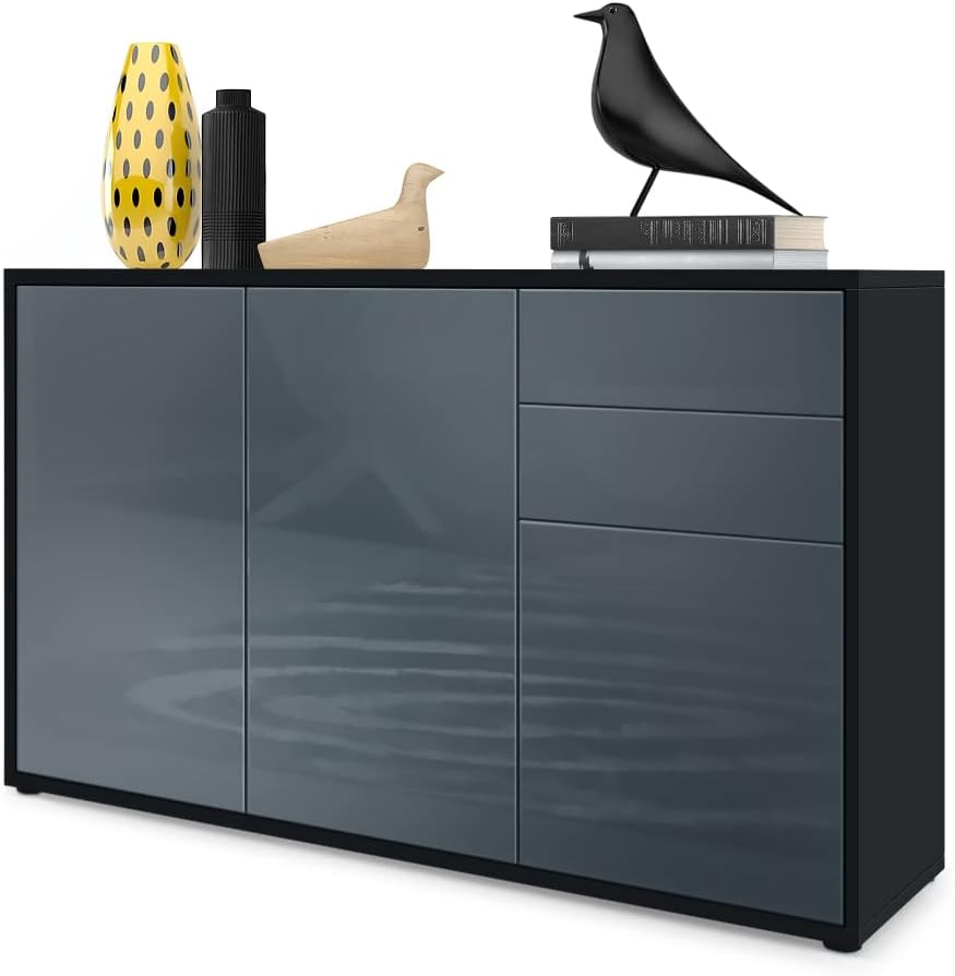Vladon Ben V3 Sideboard, Cabinet with 3 Doors and 2 Drawers, Black matt/Grey High Gloss (117 x 74 x 36 cm)