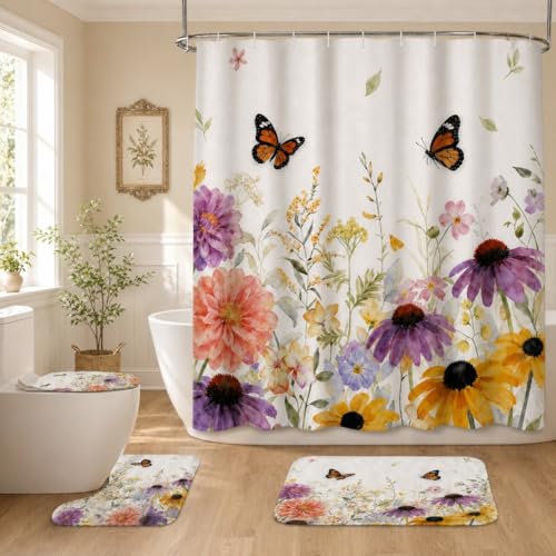 4Pcs Butterfly Shower Curtain Set for Boho Floral Bathroom Decor with PEVA Material Farmhouse Floral Blue Butterfly Shower Curtain with Non-Slip Rugs Toilet Lid Cover and Mat Gift for Boy and Girl