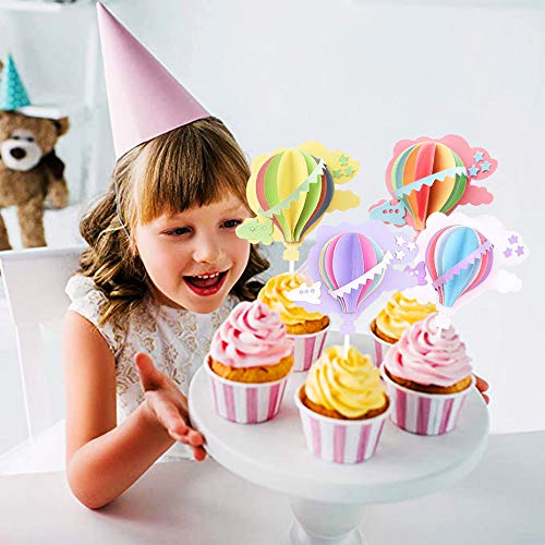 Unimall Pack Of 6 Hot Air Balloon White Bule Pink Yellow Green Purple Cloud 3D Paper Cake Topper, Cupcake Topper For Kids Birthday, Baby Shower, Party Decorations Supplies #TOP5
