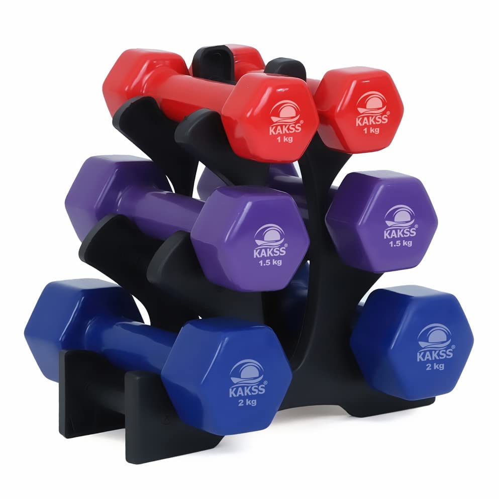 KAKSS Supreme Quality Vinyl Dumbbell With Stand (9Kg(1Kg+1.5Kg+2Kg Pair)